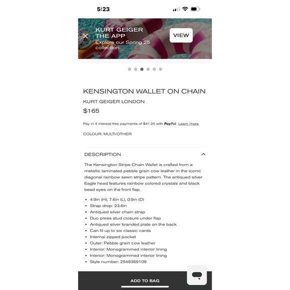 KURT GEIGER LONDON KENSINGTON WALLET ON CHAIN metallic leather preloved - Picture 12 of 12